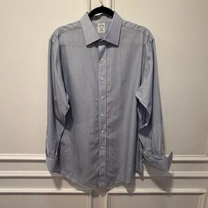 Brooks Brothers Blue Tan Striped Non-Iron Slim Fit Dress Shirt Men's‎ 16.5-33